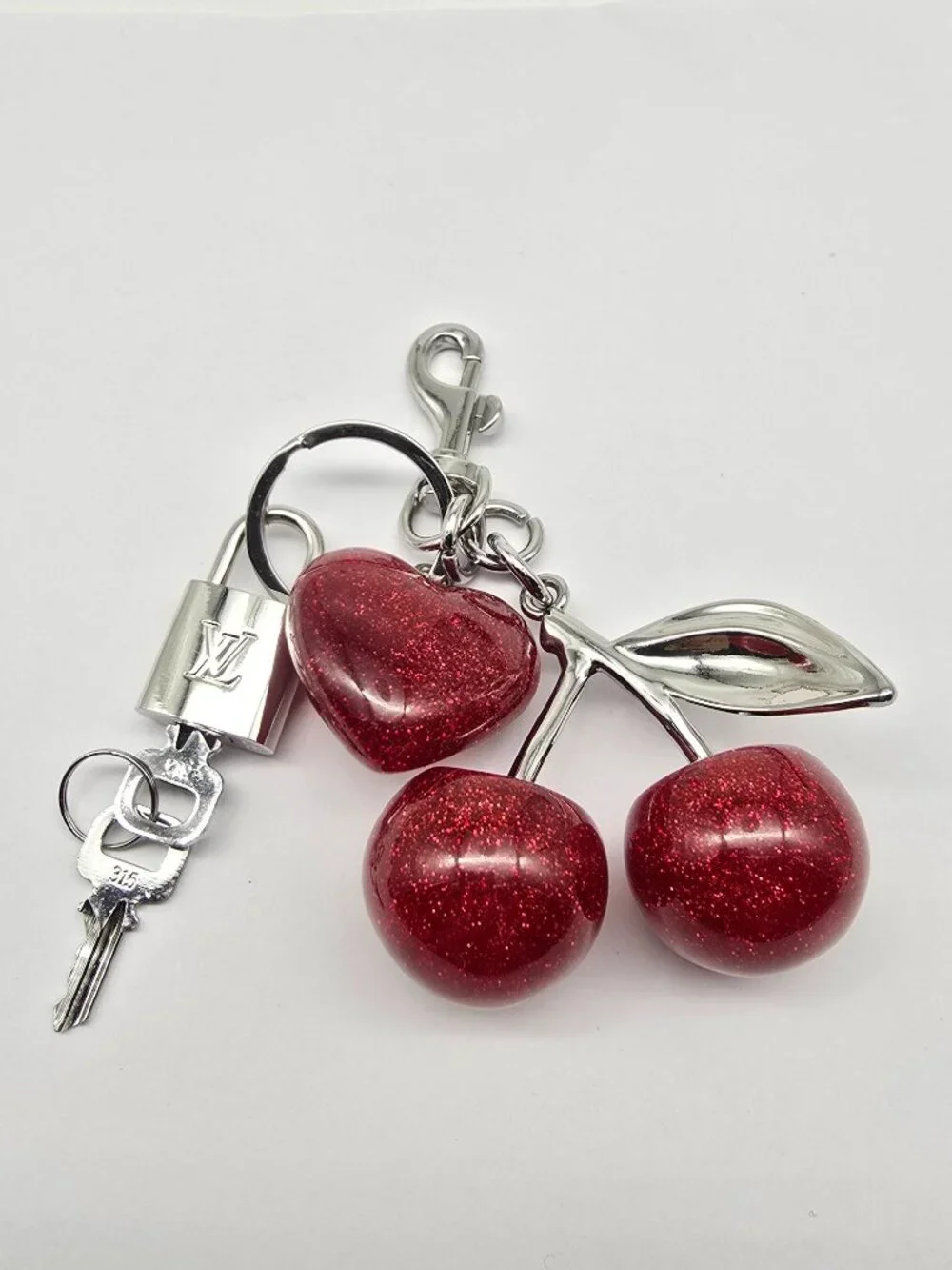 Authentic Louis Vuitton Silver Padlock with Unbranded Red Cherry Charm
